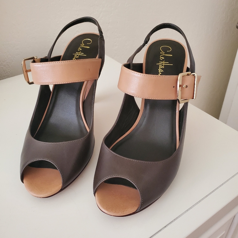 Cole Haan Black and Tan Heels with Peep Toe Design